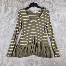 Eri + Ali Anthropologie Peplum Top Womens XS Olive Green Striped Waffle Knit  picture