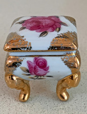 Vintage Miniature Porcelain Footed Ring/Trinket Box, Pink Rose (1 1/2