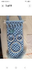 Vintage 1970s Blue Macrame Towel Holder 3 Rings Butterfly Boho Retro Wall Decor picture