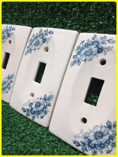 Vintage 1980's Porcelain Light Switch Plate Cover Blue Flower Set Of 3 & Screws picture