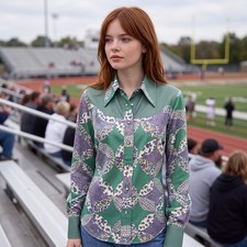 Green Patchwork Western Shirt Floral Snap Blouse 1970s Vintage Fenton Junior 36 picture