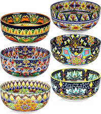 Ceramic Cereal Bowls Set of 6, 28 Oz Bohemian Soup Bowl, Colorful Bowls Set for picture