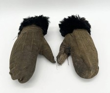 Vintage 30s Menominee Native American Child’s Fur Trimmed Suede Gloves picture