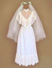Vintage 70s Alfred Angelo Prairie Wedding Dress Edwardian Illusion Lace Ruffle picture