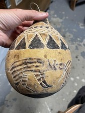 Vintage African Calabash Gourd Carved Etched Patterns Hyenas Flowers  Animals picture