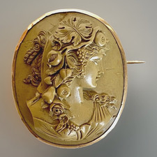 Antique High Relief 14K YG & Lava/Tuff Victorian Lady Cameo Brooch 1-7/8