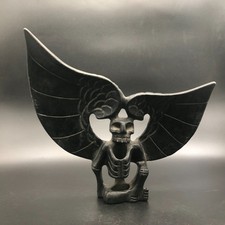 Old HongShan Culture Meteorite Jade Carved Wing Skull Person skeleton Statue picture