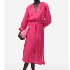 NWT H&M Cerise 100% Linen Dress Size L Pink Tie-Belt Midi Balloon Sleeve Slit picture