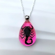 Black Scorpion Pink Resin Necklace, Real Insect Jewelry, Heterometrus Spinifer picture