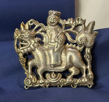 800 Silver Antique Qing Dynasty Pendant Chinese Amulet Qilin Songzi Double Sided picture