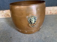 Antique 19th Century Arts & Crafts Copper Lions Head Log Bucket Planter picture