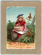 1883 L. PRANG LARGE EASTER CARD GIRL EGG BASKET SQUIRREL ANTIQUE VICTORIAN picture