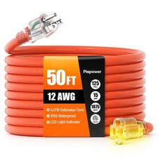 12/3 50 FT Outdoor Extension Cord Heavy Duty Waterproof Lighted End Orange picture