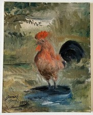 Antique 1926 Signed Oil Painting Rooster Folk Art Farmhouse Memphis Original picture