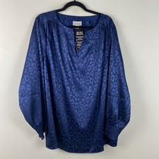 Catherines Satin Jacquard Peasant Blouse Size 2X Navy Animal Print Popover picture