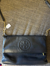 Tory Burch Black bombe pebbled Leather foldover Handbag Gold Hardware Zip picture