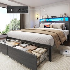 Queen Full Size Bed Frame with Storage Headboard &Charging Station＆ LED Lights picture
