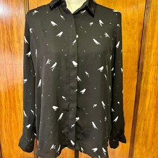 T Tahari Womens Small Black Bird Print Long Sleeve Button Down Blouse Shirt picture