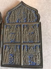 19th century RUSSIAN ORTHODOX BRONZE ENAMEL FOLDING TRAVELER ICON antique picture