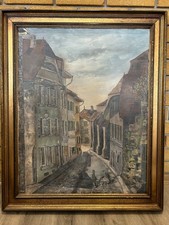 Vintage Signed Oil Painting H. Monney 1983 Old Town Street Scene Framed 55x70cm picture