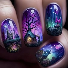 Halloween Press on Nails Medium Square Fake Nails Press Ons Purple Black False N picture