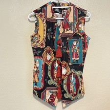 Vintage Carolyn Rothwell Boutique Christmas Santa Vest Novelty Tassel Print M picture