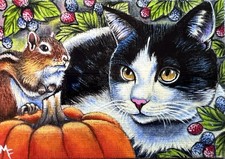 ACEO ORIGINAL  Cat, Chipmunk “Berry Patch Buddies” Artist M. Frost Acrylics 2024 picture