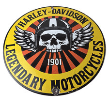Vintage Harley-Davidson Legendary Porcelain Sign - Skull Wings Helmet Sign picture
