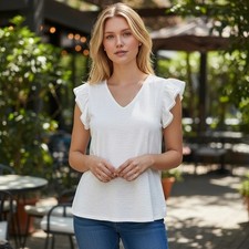 Philosophy Republic Clothing White Flutter Sleeve Pom Pom Trim V-Neck Top Medium picture