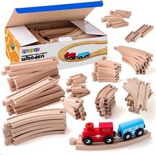 52PCS  Wooden Train Track Pack Set Wooden Train Set With 2 Bonus Toy Trains picture