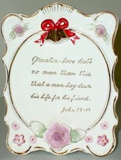 VINTAGE CERAMIC CANDLE HOLDER PLAQUE BIBLE VERSE (John 15-13) Christian Religion picture
