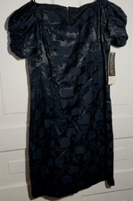 NOS 90s VTG Steppin' Out Off-Shoulder Mini Dress Blue/Black Floral Jacquard S picture