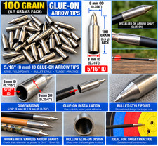 36pc 100 Grain Bullet Arrow Tips Glue-On Arrowheads 5/16