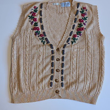 Jantzen Women's Hand Embroidered Cable Knit Sweater Vest VTG Cottagecore. picture
