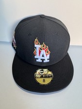 LA Los Angeles Dodgers New Era 59Fifty Fitted Hat Size 8 Black w Red UV Flames picture