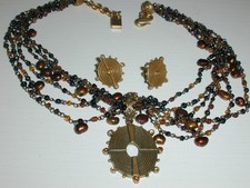 VINTAGE YSL- YVES SAINT LAURENT GOLD TONED NECKLACE W/ PEARLS & CLIPON EARRINGS picture