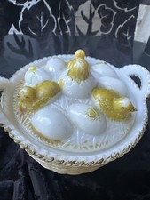 Ant. Westmoreland Milk Glass Hatching Chicks Mustard Jar W/Rare Orig. Label. picture