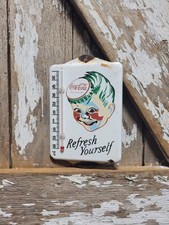 VINTAGE COCA COLA PORCELAIN SIGN BEVERAGE THERMOMETER SODA COKE BOTTLE CAP BOY picture