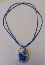 Vintage Sterling 16in Chinese Ming Blue Porcelain Necklace Magnetic Clasp 925 picture