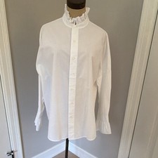 Alex Mill Women's White High Neck Button-Up Ruffle Cotton Blouse Long Sleeve M picture