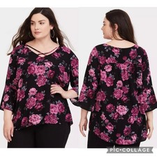 Torrid Womens 0 Black Floral Crepe Strappy Blouse Bell Sleeve Hi-lo Hem Feminine picture