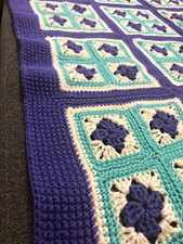 Handmade Crochet Patchwork Throw Blanket Purple White Teal Yarn Bohemian picture