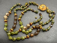 Vintage HOBE Carved Green Orange  Bead Necklace Gold Tone Box Clasp REPAIR picture