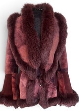 Sophisticated Burgundy Real Shearling Genuine Fox Fur Shawl Collar Suede Sz S picture