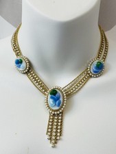 Vtg Signed Hobe’ Milk Glass Gold Tone Swag Chain Choker Necklace 1950’s -70’s ?  picture