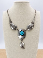 Vintage Native American Sterling Silver Turquoise Feather Necklace 18g picture