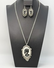 JPI Gothic Skeleton Cameo Necklace Earrings Set Y2K Halloween Victorian Style picture