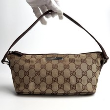 GUCCI Boat Bag Pochette Accessory Pouch GG Canvas Leather Beige Brown Auth picture