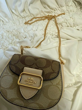 Coach Women's Small Signature Logo Crescent Crossbody Beige/Brown Gold Chain picture