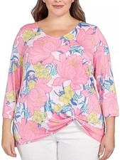 Ruby Rd. Pink Floral Twist-Knot Tunic with Yellow & Blue Accents Size 3X picture